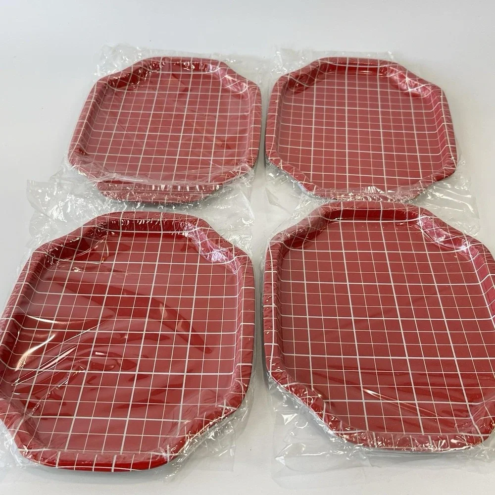 Action Industries,  Inc. Designs Vintage Squared Red Tin Trinket Trays  Set 1986